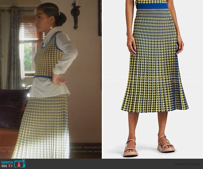 Graphic-Gingham Jacquard Midi-Skirt by Derek Lam 10 Crosby worn by Zoey Johnson (Yara Shahidi) on Grown-ish