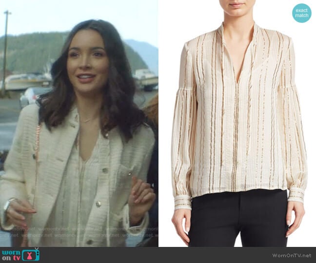 Metallic V-Neck Blouse by Derek Lam 10 Crosby worn by Bess (Maddison Jaizani) on Nancy Drew