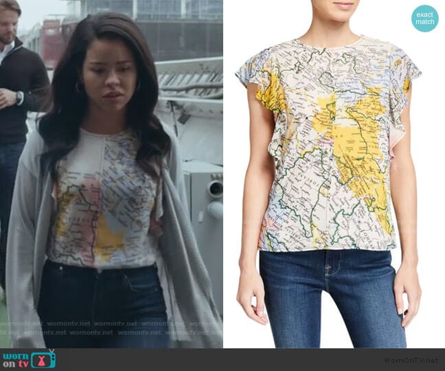 Ruffle-Sleeve Map Crewneck Top by Derek Lam 10 Crosby worn by Mariana Foster (Cierra Ramirez) on Good Trouble