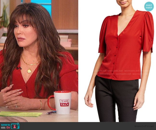 Olivia V-Neck Button-Front Silk Top by Frame worn by Marie Osmond on The Talk