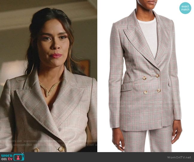 Angel Double-Breasted Cashmere Plaid Suiting Blazer by Gabriela Hearst worn by Cristal Jennings (Daniella Alonso) on Dynasty