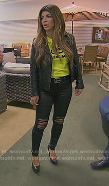 Teresa’s black studdeed leather jacket on The Real Housewives of New Jersey