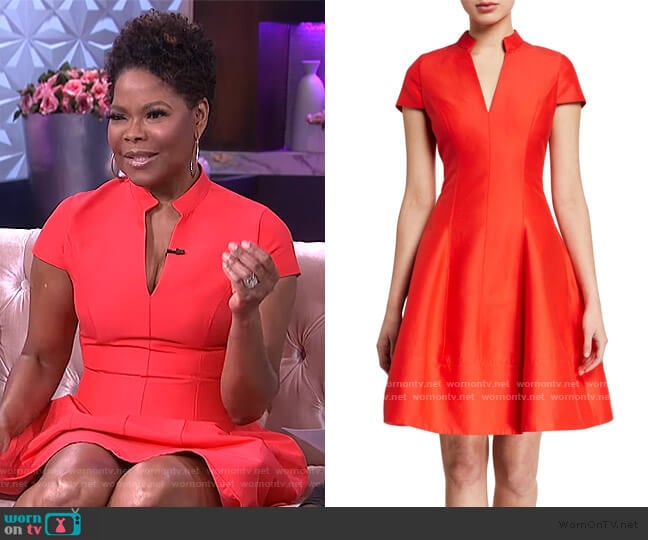 Cap-Sleeve Silk-Blend Faille Flare Dress by Halston worn by Angela Robinson on The Real