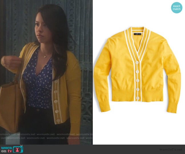 Tipped Cotton Blend V-Neck Cardigan by J. Crew worn by Mariana Foster (Cierra Ramirez) on Good Trouble