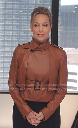 Jacqueline’s brown belted leather jacket on The Bold Type