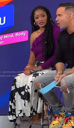 Keke's purple one-shoulder sweater and printed skirt on GMA Strahan Sara And Keke