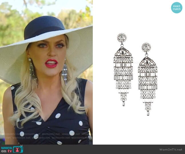 Gunmetal-Plated & Crystal Banquette Waterfall Post Earrings by Kenneth Jay Lane worn by Alexis Carrington (Elaine Hendrix) on Dynasty