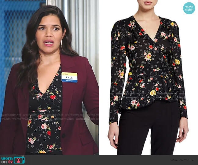 Amy’s black floral wrap top on Superstore