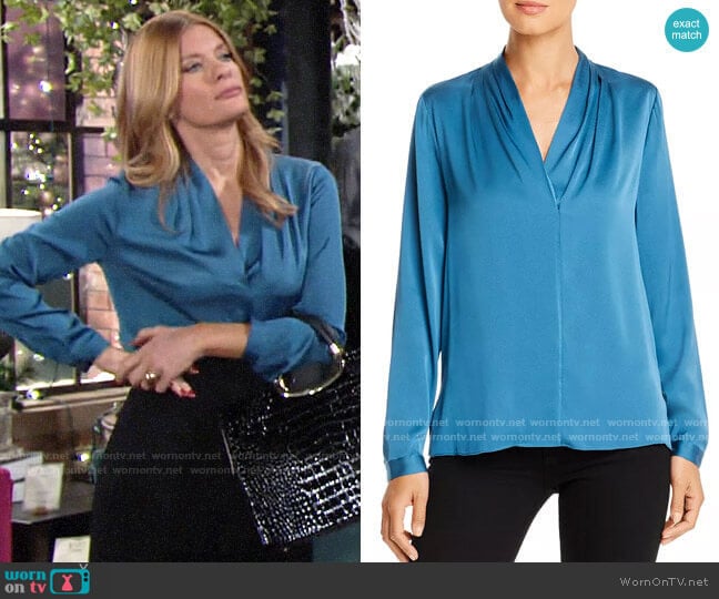 Kobi Halperin Nellie Silk-Blend Pleated Blouse worn by Phyllis Summers (Michelle Stafford) on The Young and the Restless