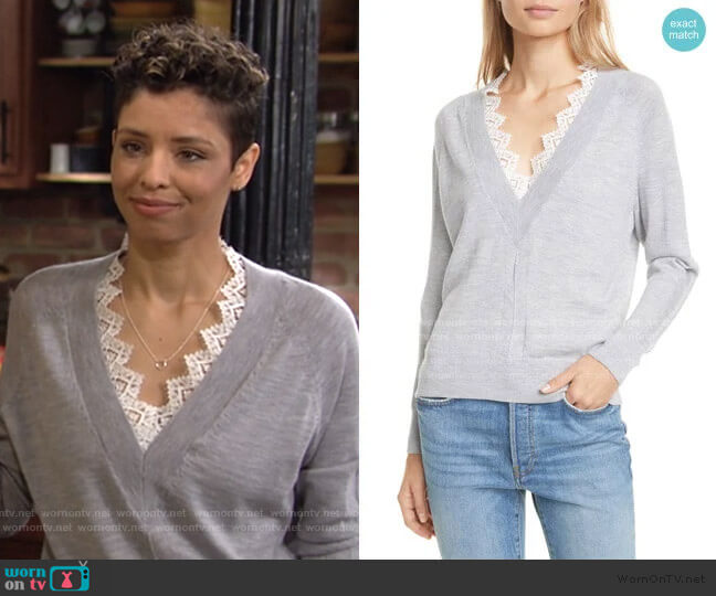 Rebecca Taylor Lace Detail V-Neck Merino Wool Sweater worn by Elena Dawson (Brytni Sarpy) on The Young and the Restless