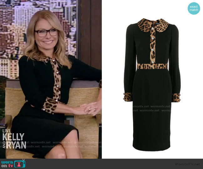 Leopard Trim Long Sleeve Sheath Dress by Dolce & Gabbana worn by Kelly Ripa on Live with Kelly and Ryan