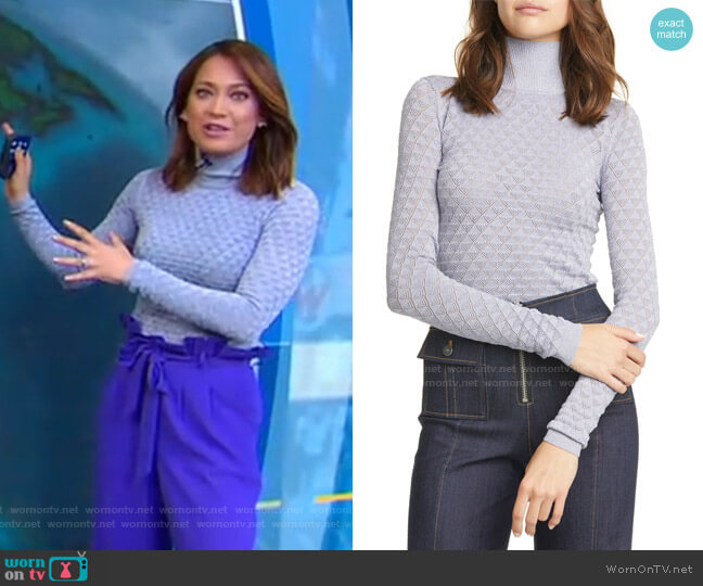 Lilette Metallic Pointelle Turtleneck by Cinq a Sept worn by Ginger Zee on Good Morning America