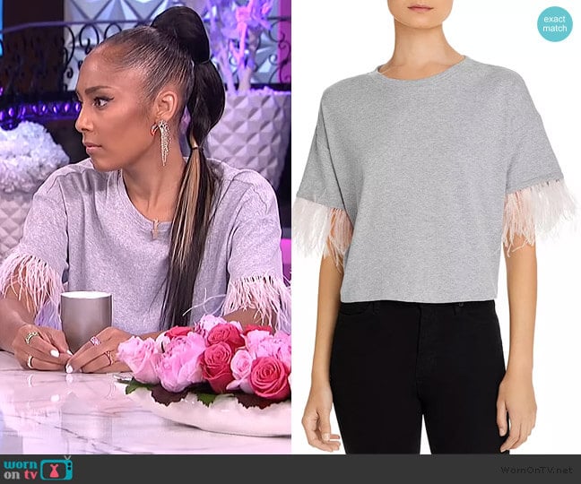 Faux-Feather Trim Tee by Lucy Paris worn by Amanda Seales on The Real