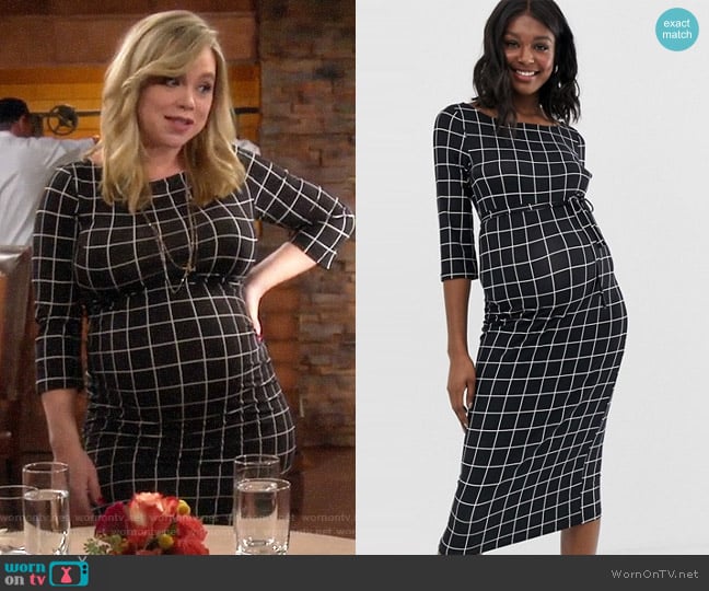 Mamalicious maternity jersey grid check midi dress worn by Kristin Baxter (Amanda Fuller) on Last Man Standing