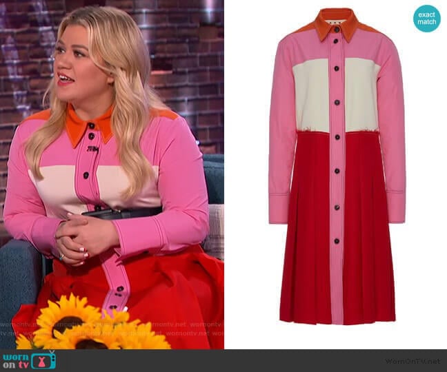 Pleated Color Block Crepe Midi Dress by Marni worn by Kelly Clarkson on The Kelly Clarkson Show