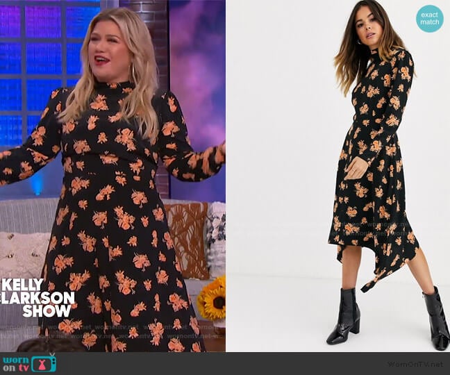 Midi Dress with High Neck in Floral Print by Miss Selfridge at ASOS worn by Kelly Clarkson on The Kelly Clarkson Show