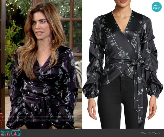 Nicole Miller Floral-Print Wrap Top worn by Victoria Newman (Amelia Heinle) on The Young and the Restless