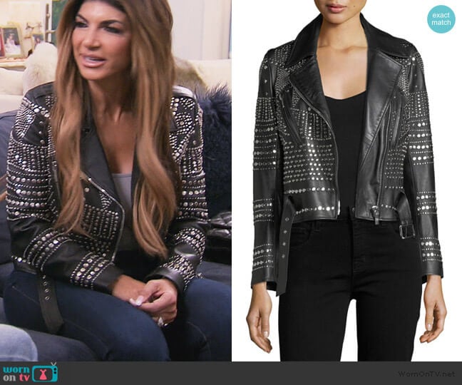 Elysee Studded Leather Moto Jacket by Nour Hammour worn by Dolores Catania on The Real Housewives of New Jersey