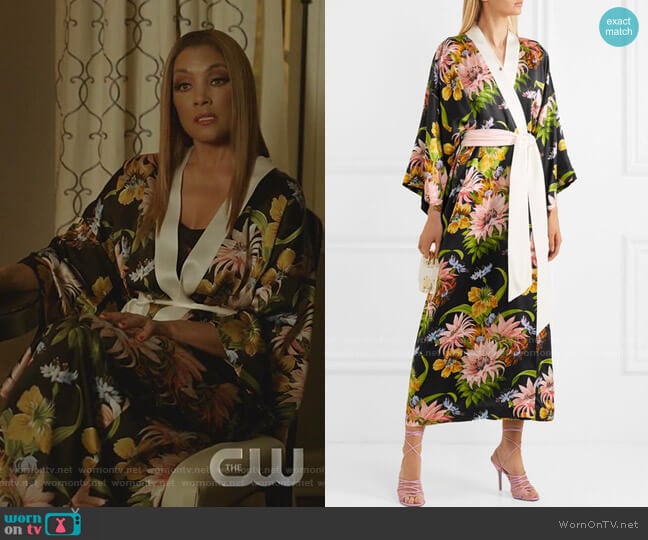 Queenie Floral-Print Silk-Satin Robe by Olivia von Halle worn by Dominique Deveraux (Michael Michele) on Dynasty