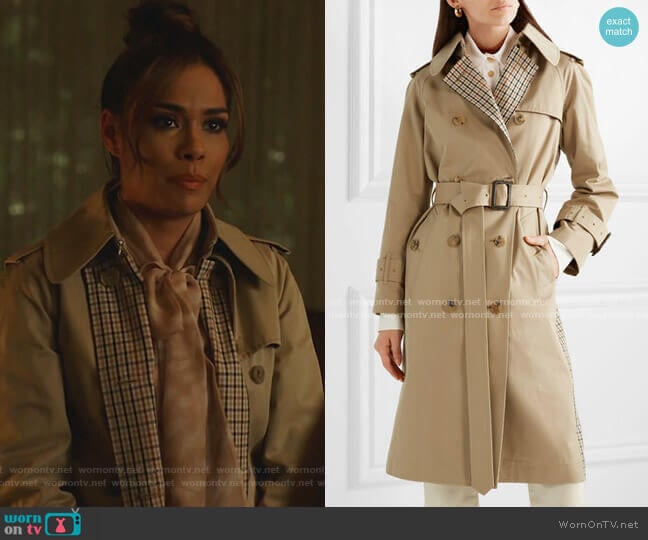 Paneled Cotton-Gabardine and Checked Twill Trench Coat by Mackintosh worn by Cristal Jennings (Daniella Alonso) on Dynasty