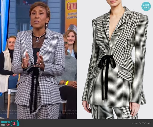 Houndstooth Checked Velvet Tie-Waist Blazer by Prabal Gurung worn by Robin Roberts on Good Morning America