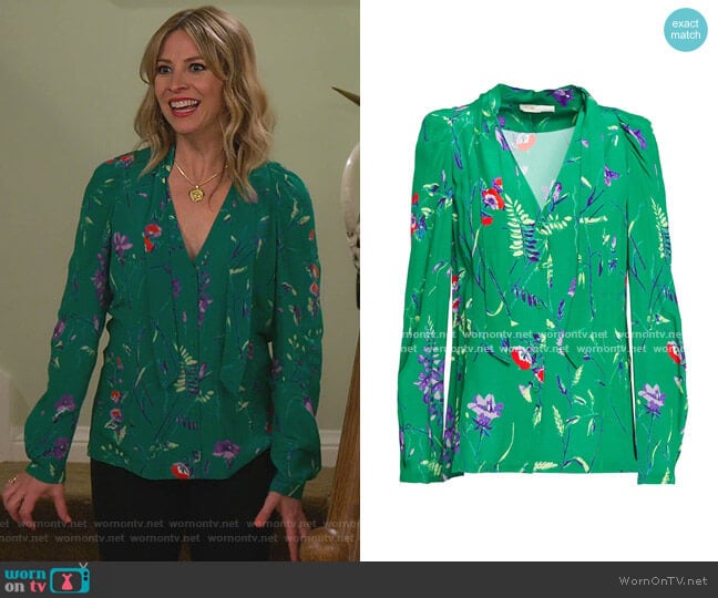 Printed Blouse with Lavaliere by Maje worn by Jennifer Cooper (Jolie Jenkins) on Alexa & Katie