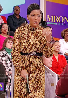 Tamron’s yellow and black printed dress on Tamron Hall Show