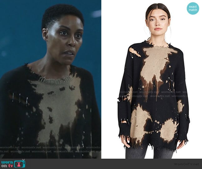 leached Distressed Crew Neck Sweater by R13 worn by Lynn Stewart (Christine Adams) on Black Lightning