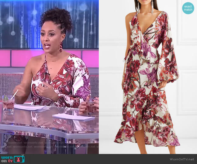 Asymmetric Ruffled Floral-Print Wrap Dress by Rotate Birger Christensen worn by Tamera Mowry  on The Real