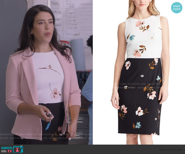 Two-Tone Floral Sleeveless Crepe Sheath Dress by Ralph Lauren worn by Shannon Ross (Nicole Power) on Kims Convenience