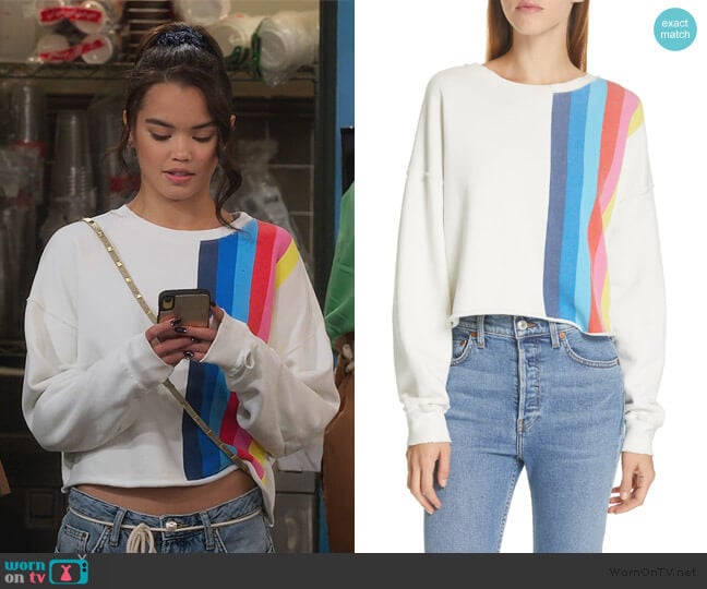 Stripe Raw Sweatshirt by Re/Done worn by Alexa Mendoza (Paris Berelc) on Alexa & Katie