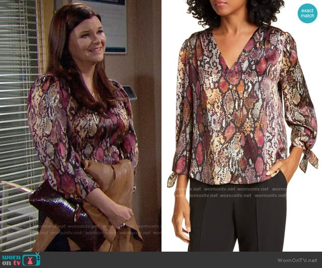 Rebecca Taylor Snakeskin Print Tie Cuff Top worn by Katie Logan (Heather Tom) on The Bold and the Beautiful