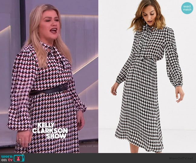 Midi Dress with Pussybow in Dogtooth by River Island at ASOS worn by Kelly Clarkson on The Kelly Clarkson Show