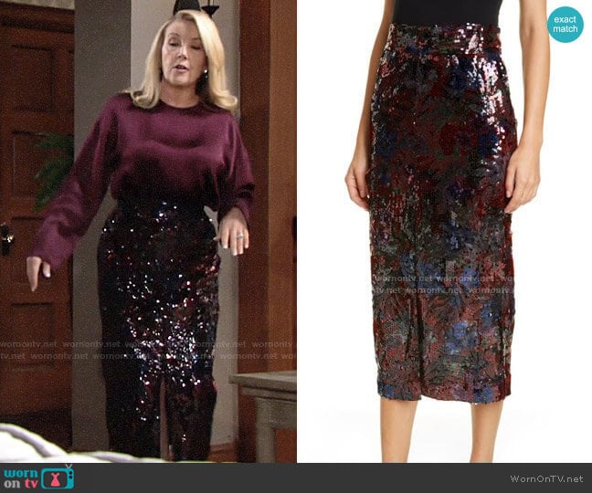 Roseanna Woodcut Sequin Midi Pencil Skirt worn by Nikki Reed Newman (Melody Thomas-Scott) on The Young and the Restless