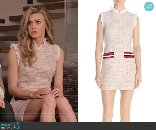 Morgan Ruffled Tweed Mini Dress by Sandro worn by Brooke D'Orsay on Grace and Frankie