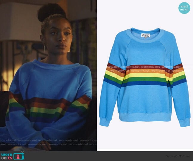 Todays Hits & Yesterdays Favorites Rainbow Sweatshirt by Saturday School worn by Zoey Johnson (Yara Shahidi) on Grown-ish