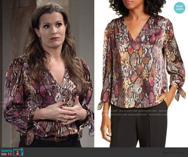 Rebecca Taylor Snakeskin Print Tie Cuff Top worn by Chelsea Lawson (Melissa Claire Egan) on The Young and the Restless