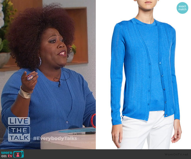 Wool-Silk Pointelle Rib Shell and Cardigan by St. John worn by Sheryl Underwood on The Talk