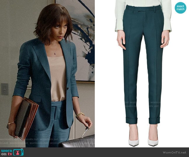 Suistudio Robin Cuff High Waist Wool Pants in Teal worn by Edie Palmer (Megalyn Echikunwoke) on Almost Family