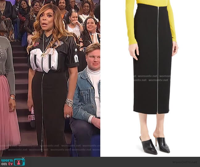 High Waist Zip Pencil Midi Skirt by Theory worn by Wendy Williams on The Wendy Williams Show