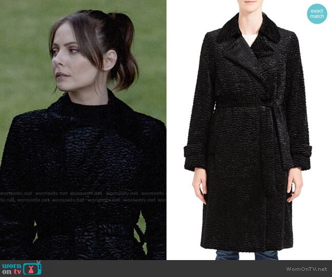 Theory Trench Coat In Faux Astrakhan worn by Thea Queen (Willa Holland) on Arrow