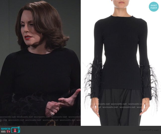 Feather-Cuff Crewneck Sweater by Valentino worn by Karen Walker (Megan Mullally) on Will and Grace