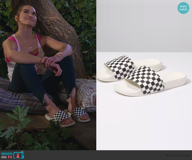 Slide-On Checkerboard Sandals by Vans worn by Alexa Mendoza (Paris Berelc) on Alexa & Katie