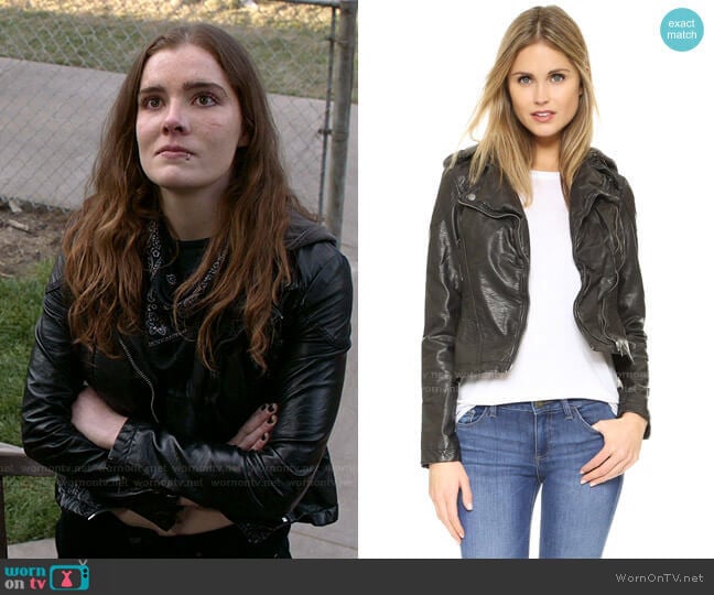 Vegan Leather Hooded Moto Jacket by Free People worn by Sandy Milkovich (Elise Eberle) on Shameless