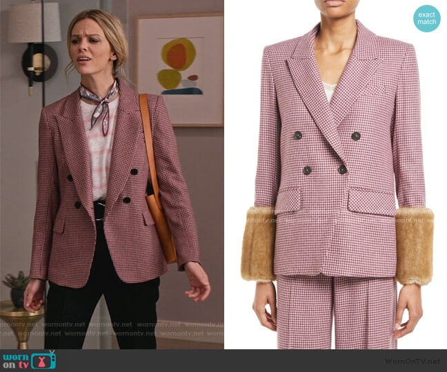 Fahey Houndstooth Dickey Jacket with Faux-Fur Cuffs by Veronica Beard  worn by Mallory (Brooklyn Decker) on Grace and Frankie