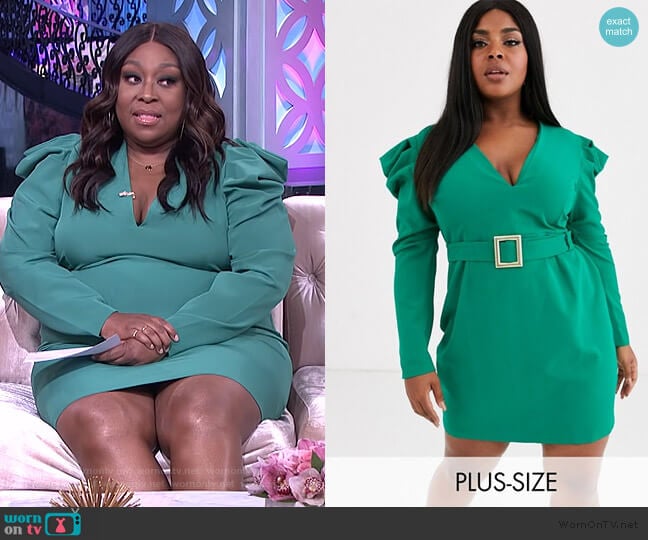 Deep Plunge Midi Dress with Statement Shoulder in Emerald Green by Vesper worn by Loni Love on The Real