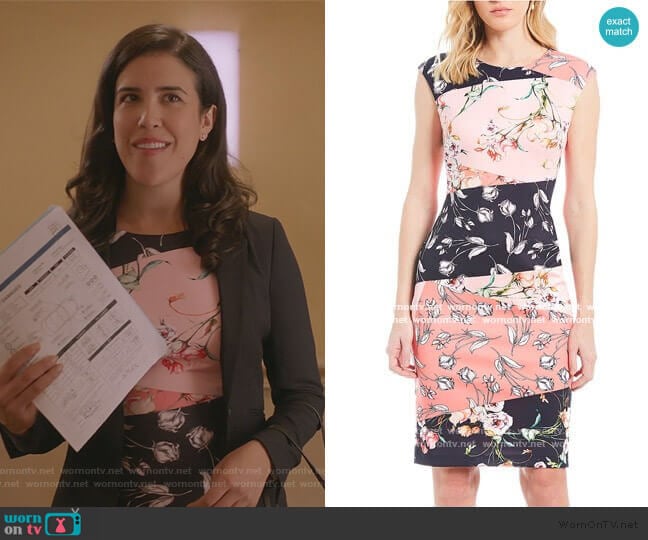 Colorblock Floral Print Sheath Dress by Vince Camuto worn by Shannon Ross (Nicole Power) on Kims Convenience