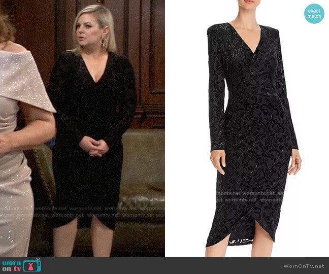 Adrianna Papell Metallic Velvet Faux-Wrap Dress worn by Maxie Jones (Kirsten Storms) on General Hospital