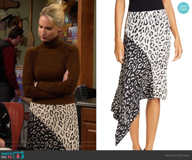 A.L.C. Natalie Leopard Print Asymmetrical Colorblock Skirt worn by Mandy Baxter (Molly McCook) on Last Man Standing