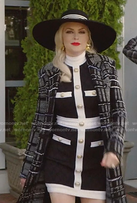 Alexis’s contrast button mini dress and plaid coat on Dynasty
